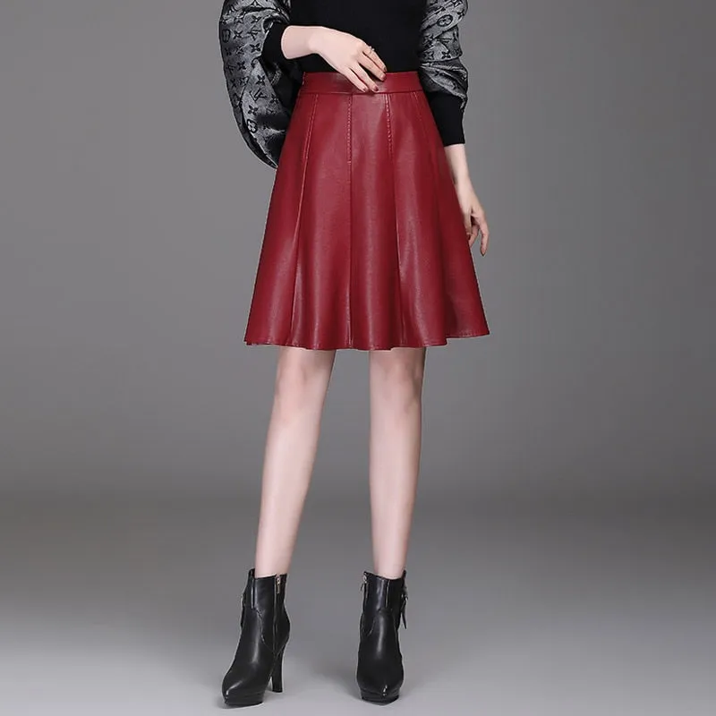 A-line Women  Pu Leather Short Skirt High Waist All-Match  Skirt Elegant