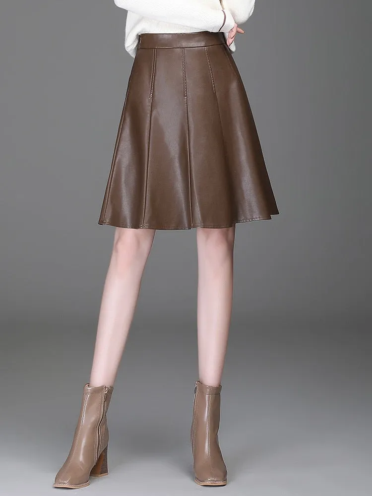 A-line Women  Pu Leather Short Skirt High Waist All-Match  Skirt Elegant