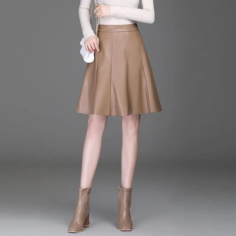 A-line Women  Pu Leather Short Skirt High Waist All-Match  Skirt Elegant