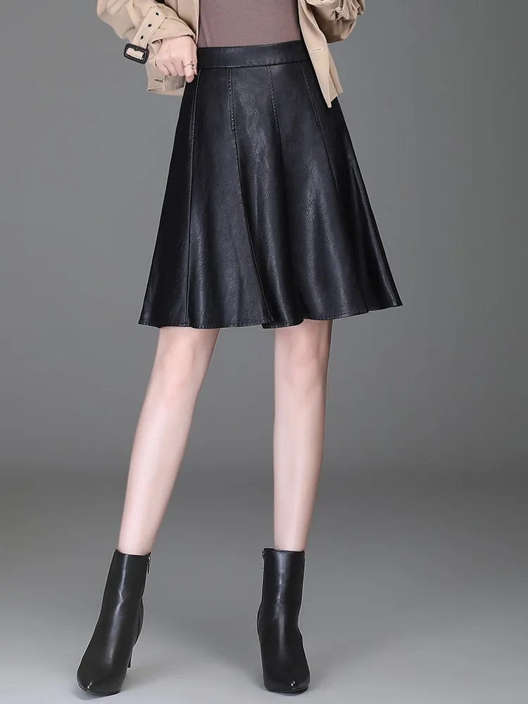 A-line Women  Pu Leather Short Skirt High Waist All-Match  Skirt Elegant