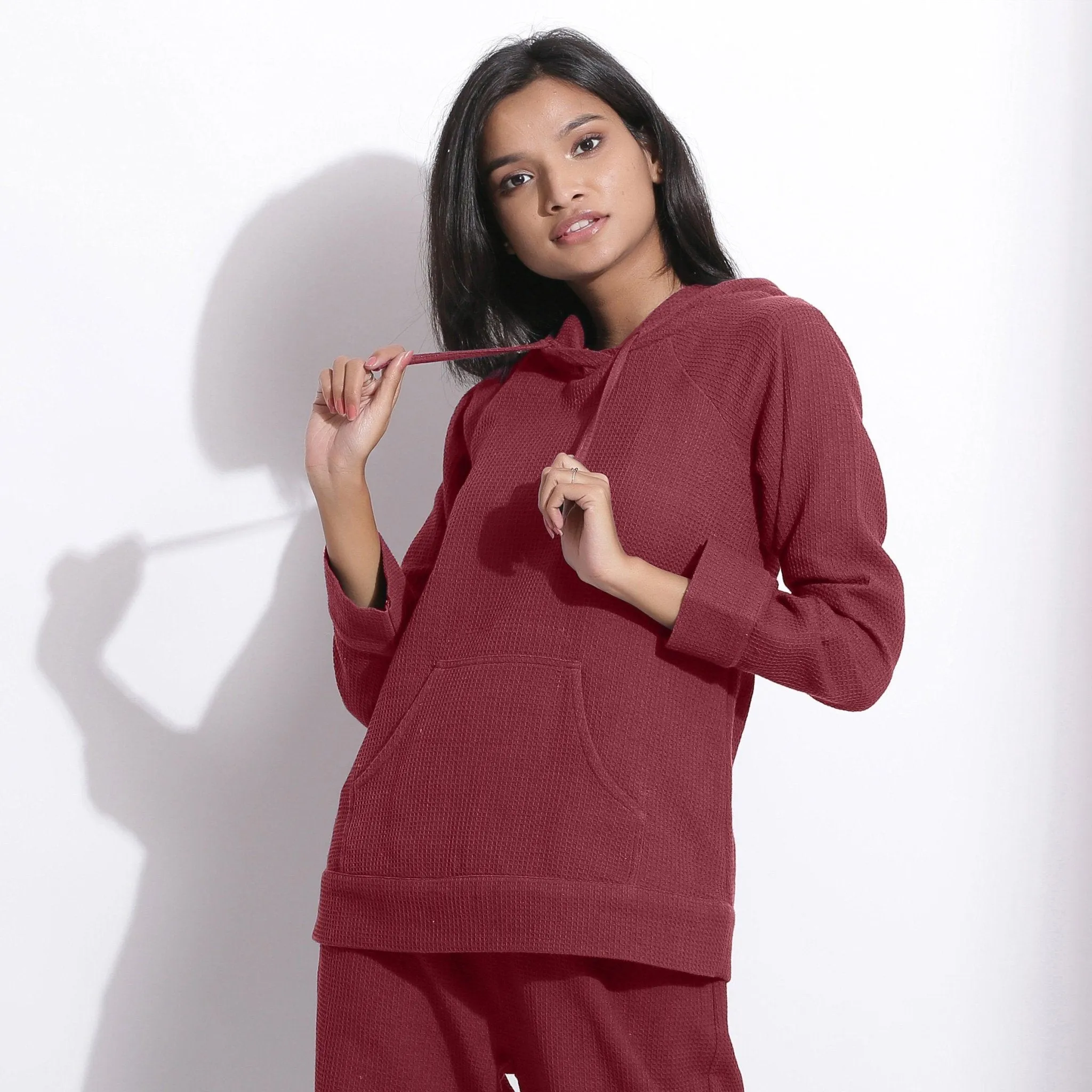 Barn Red Warm Cotton Waffle Hoodie Sweatshirt