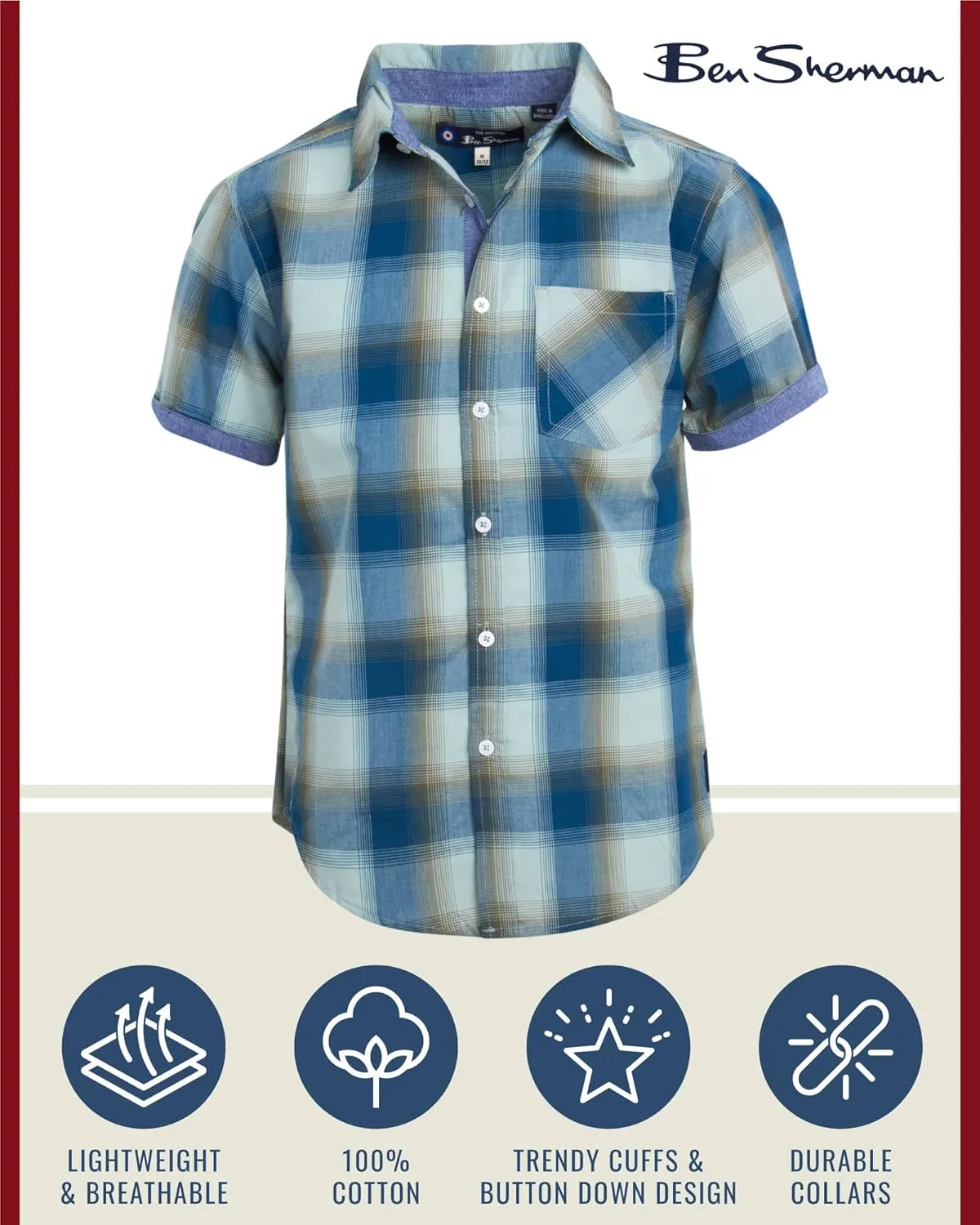 Ben Sherman Boys' Short Sleeve Button Down Shirt - 2 Pack 100% Cotton Breathable Woven Dress Shirts for Boys (Sizes: 8-18)