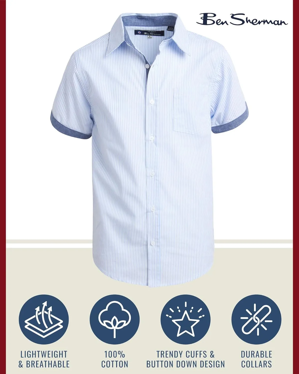 Ben Sherman Boys' Short Sleeve Button Down Shirt - 2 Pack 100% Cotton Breathable Woven Dress Shirts for Boys (Sizes: 8-18)