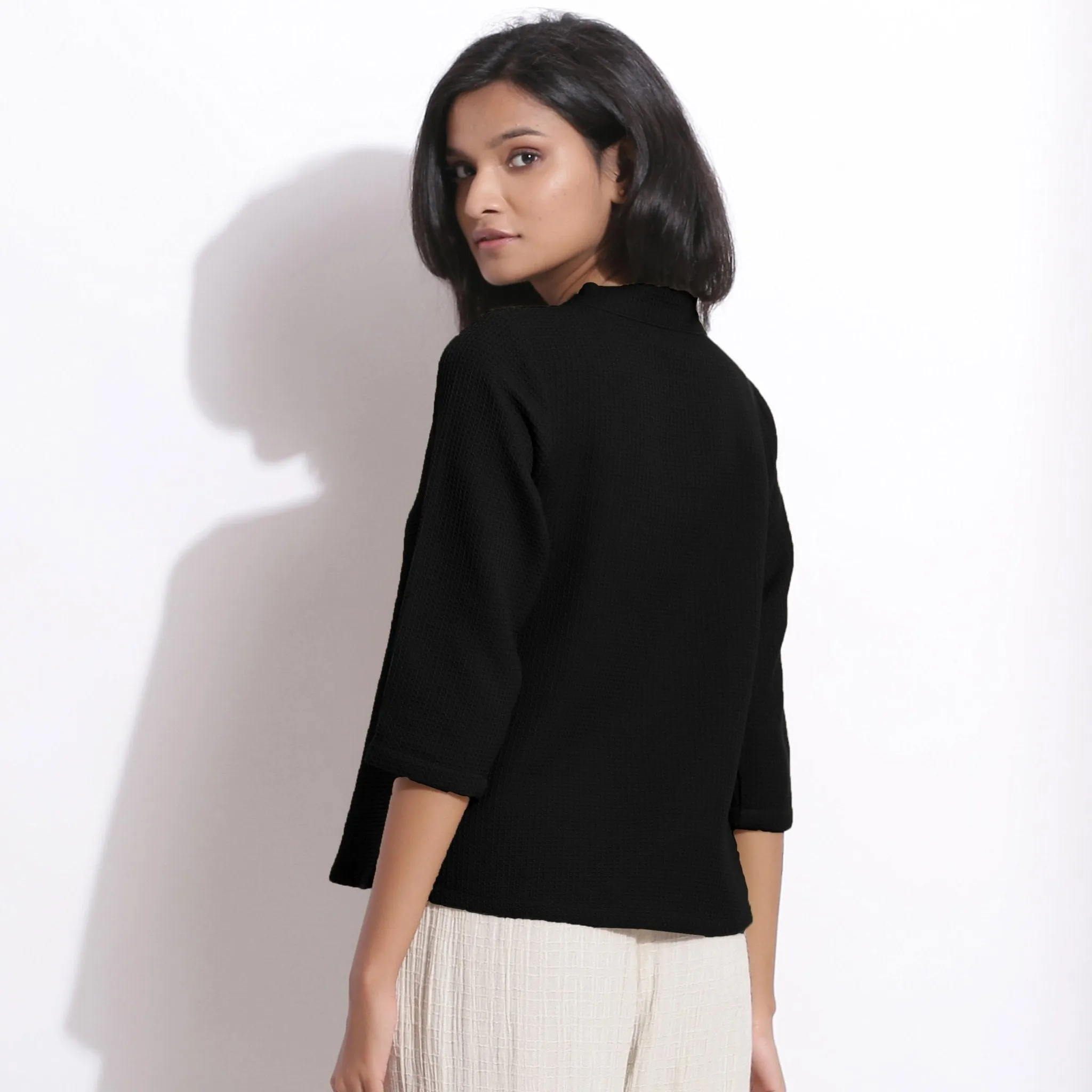 Black Warm Cotton Waffle Button-Down Top
