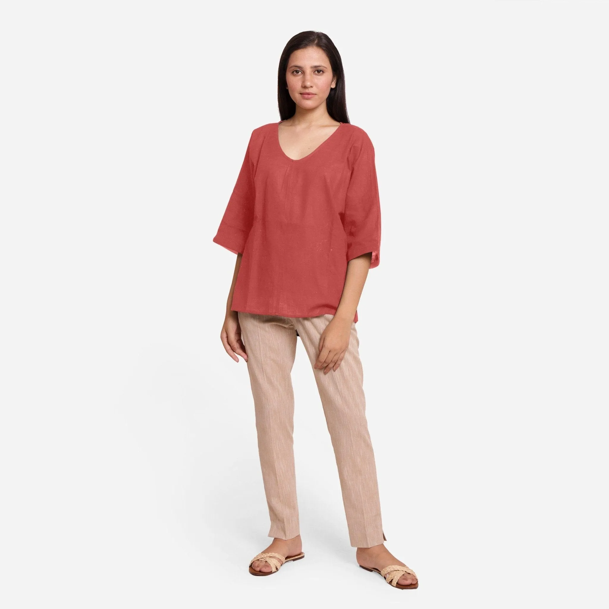 Brick Red Cotton High-Low Drop Shoulder Top