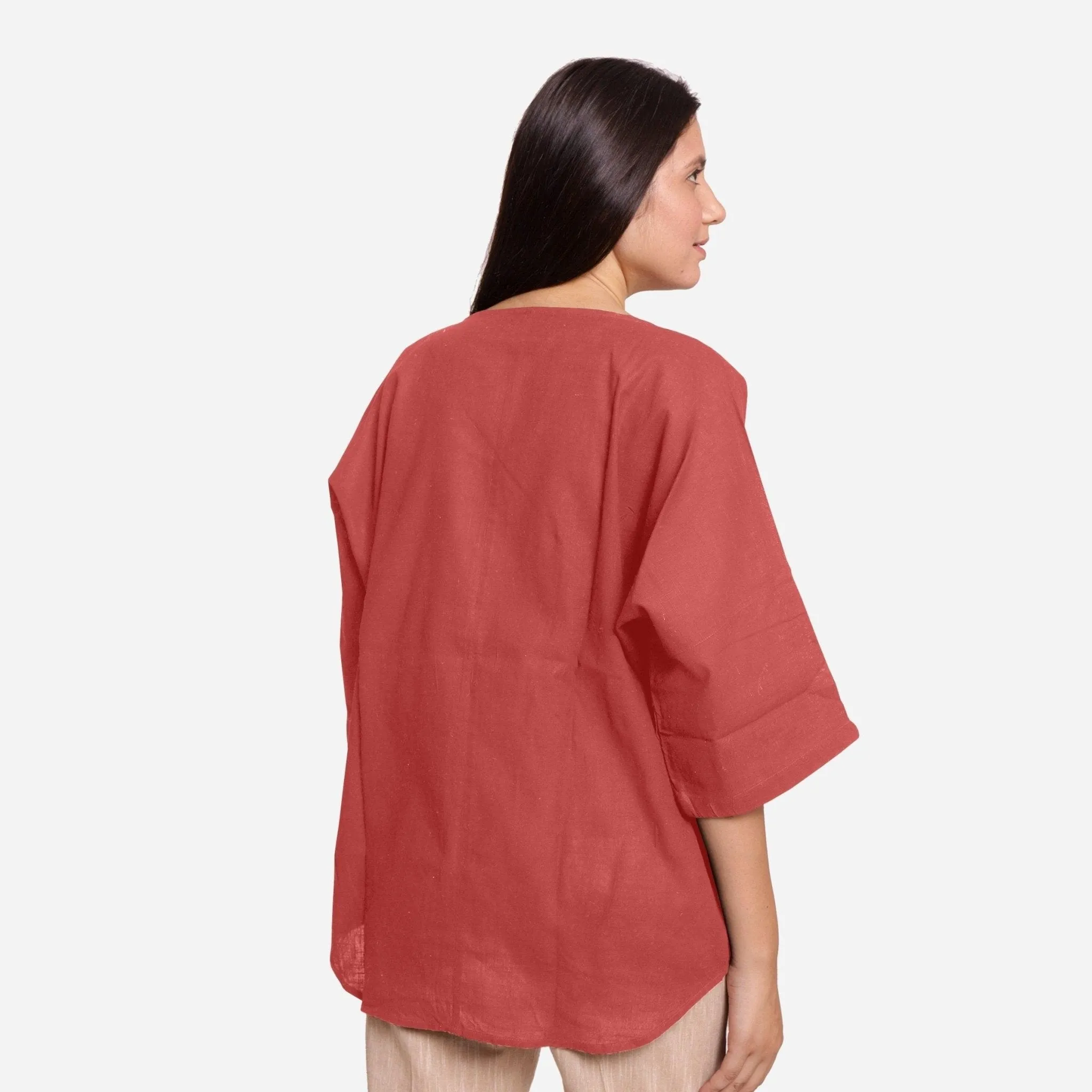 Brick Red Cotton High-Low Drop Shoulder Top