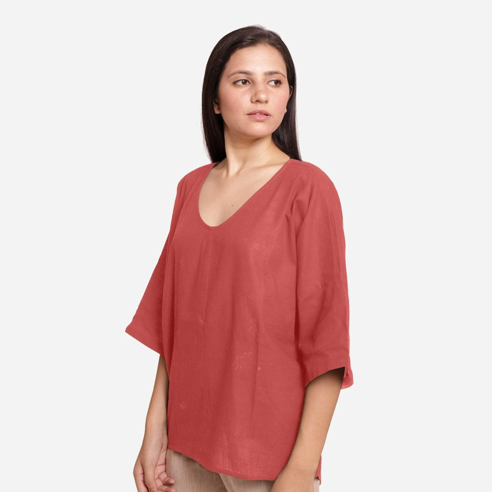Brick Red Cotton High-Low Drop Shoulder Top