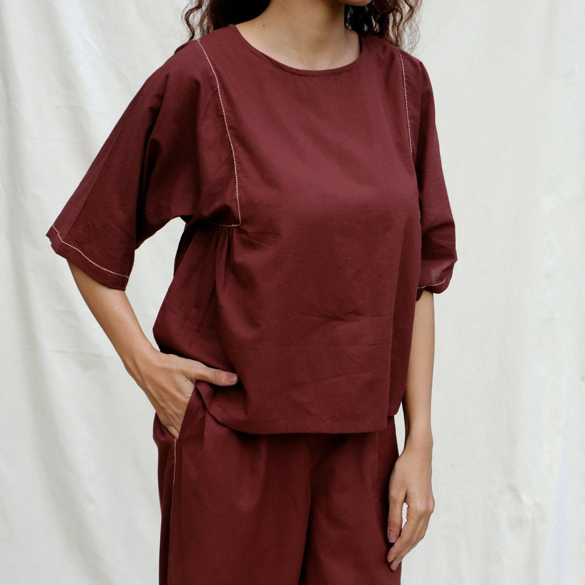 Brown 100% Cotton Drop Shoulder Sleeves Gathered Top