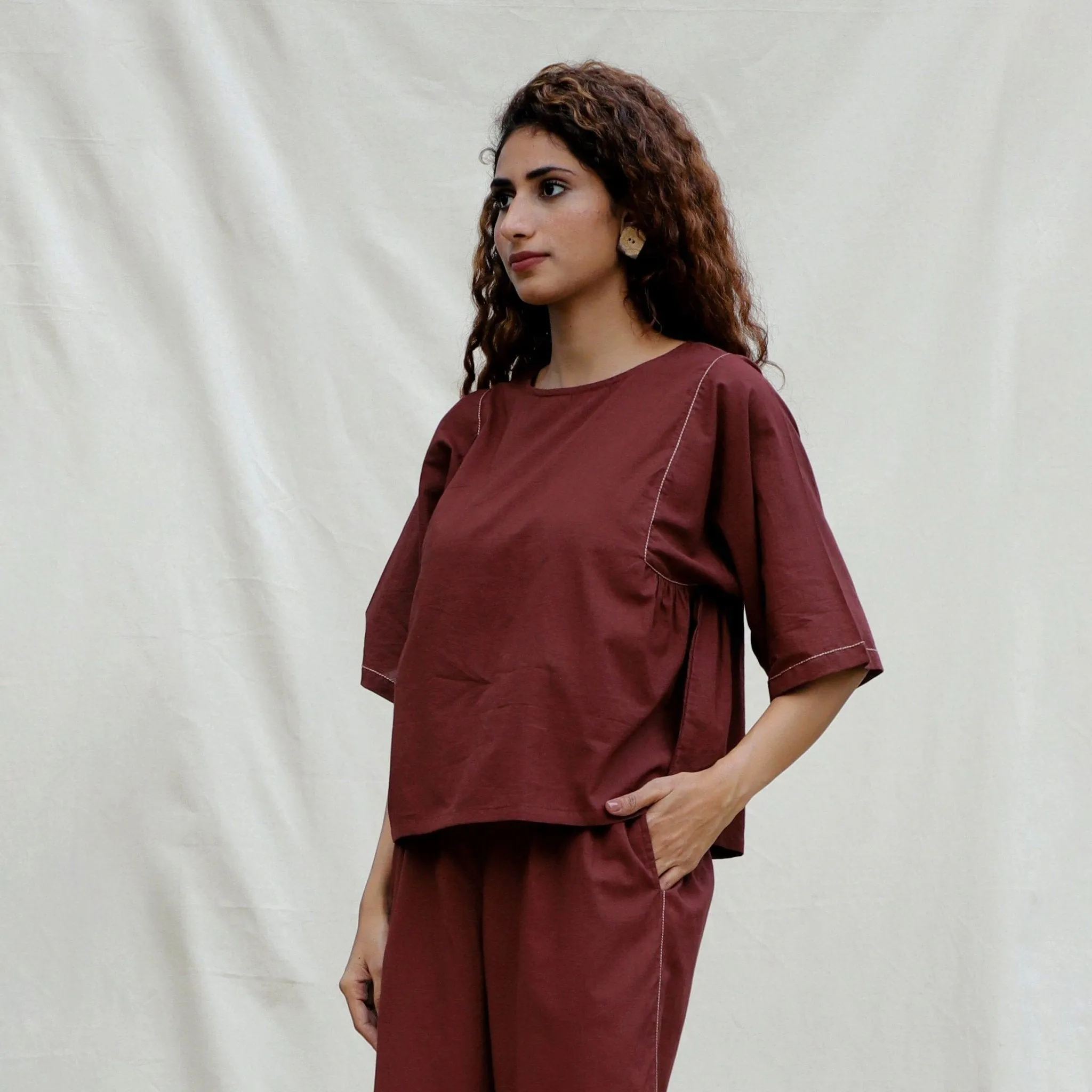 Brown 100% Cotton Drop Shoulder Sleeves Gathered Top