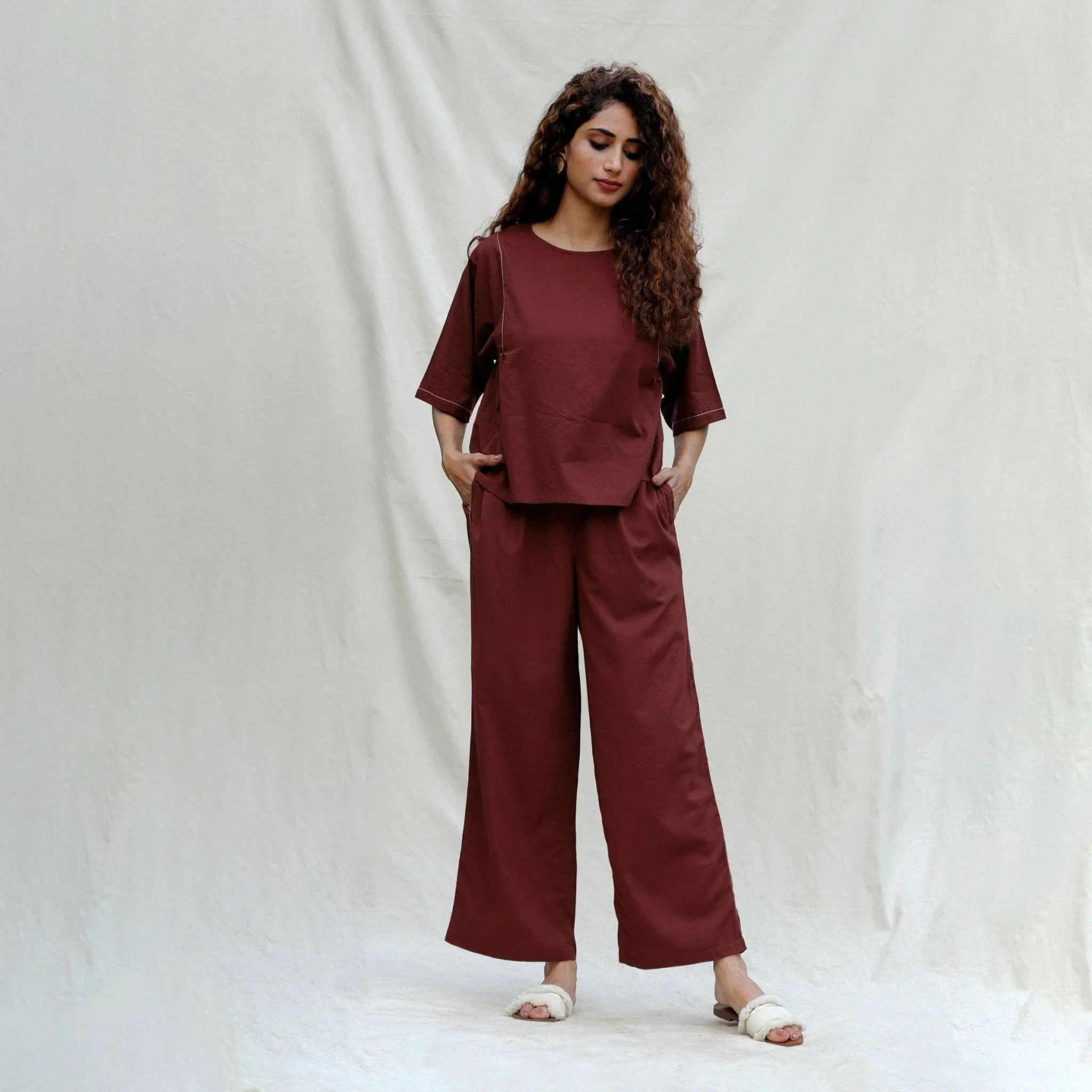 Brown 100% Cotton Drop Shoulder Sleeves Gathered Top