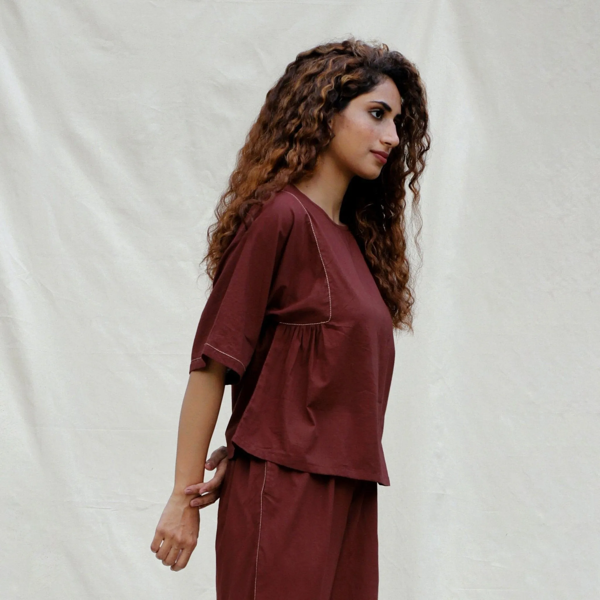 Brown 100% Cotton Drop Shoulder Sleeves Gathered Top