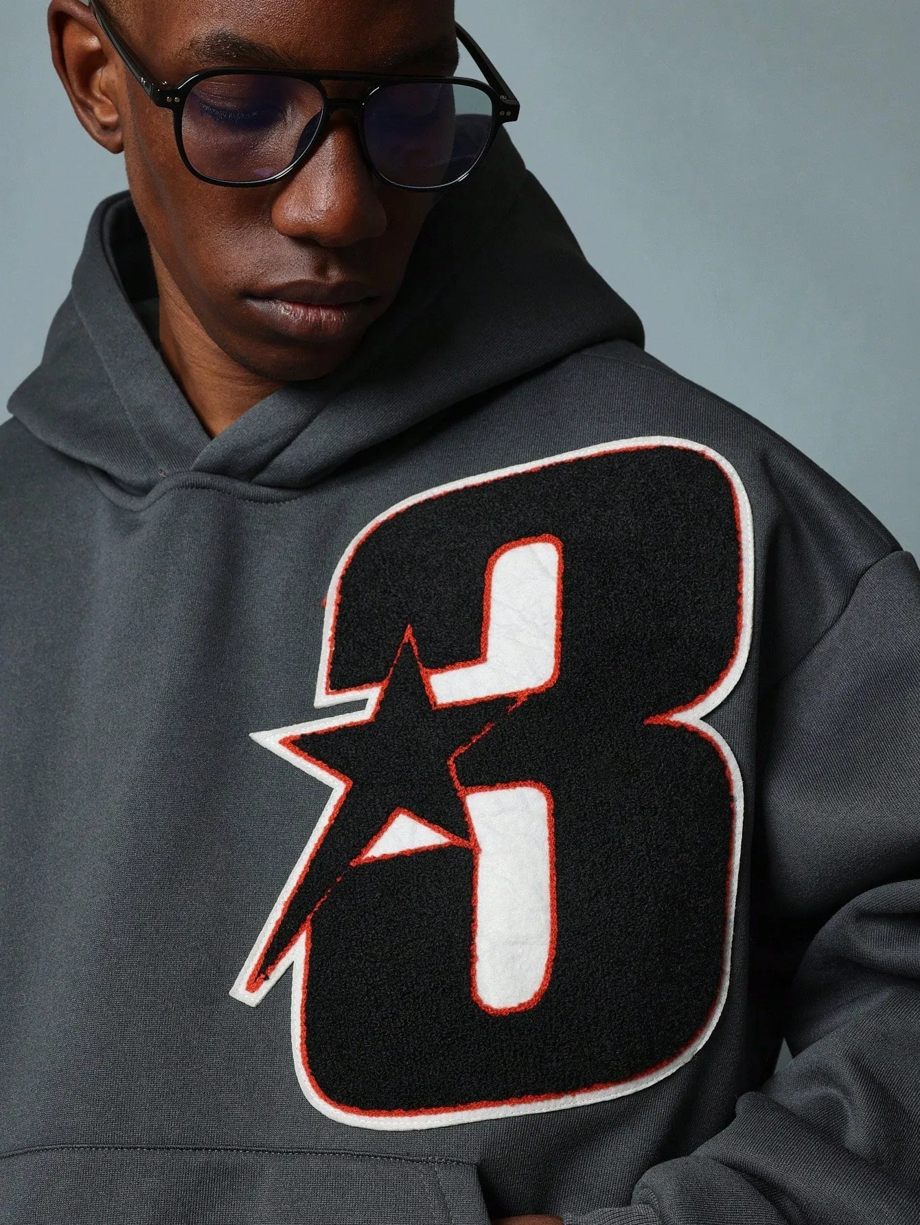 Crop Fit Overhead Hoodie With Large Applique Embroidery Pattern
