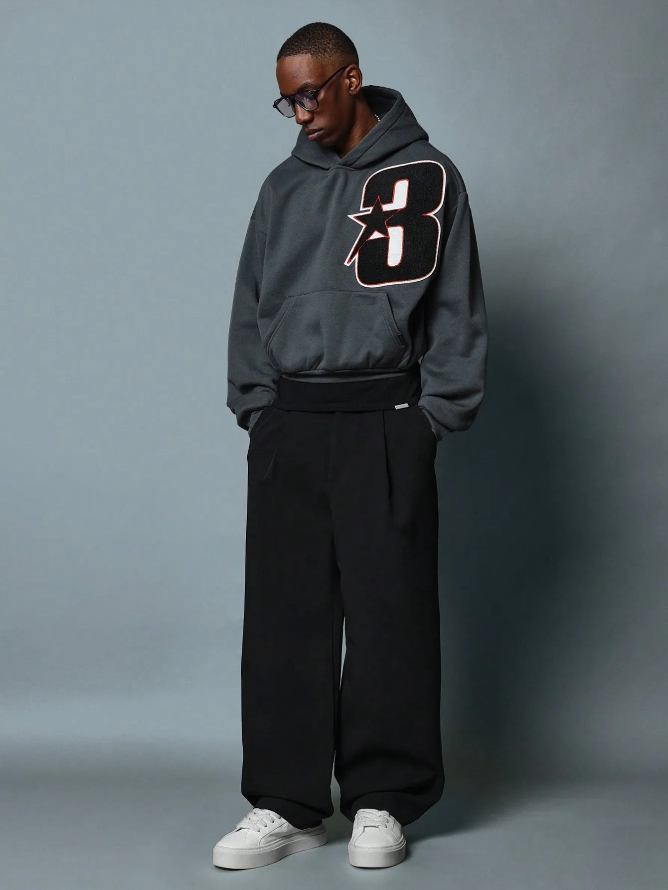 Crop Fit Overhead Hoodie With Large Applique Embroidery Pattern