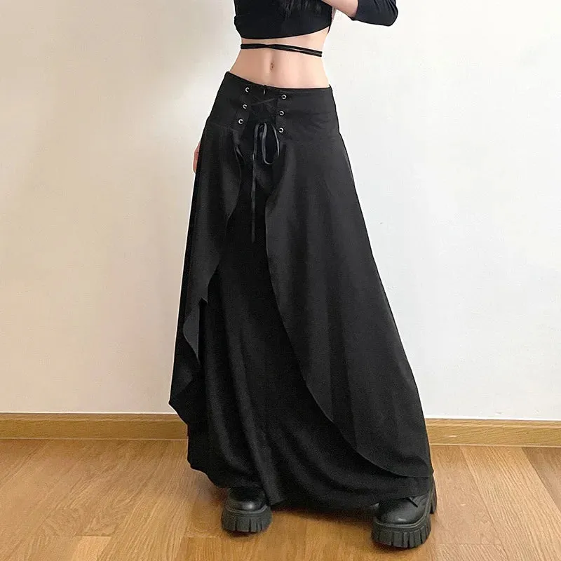 Elegant A-Line Skirt for Women: High Waist Layered Ruffle Maxi for Parties and Weddings in Solid Black