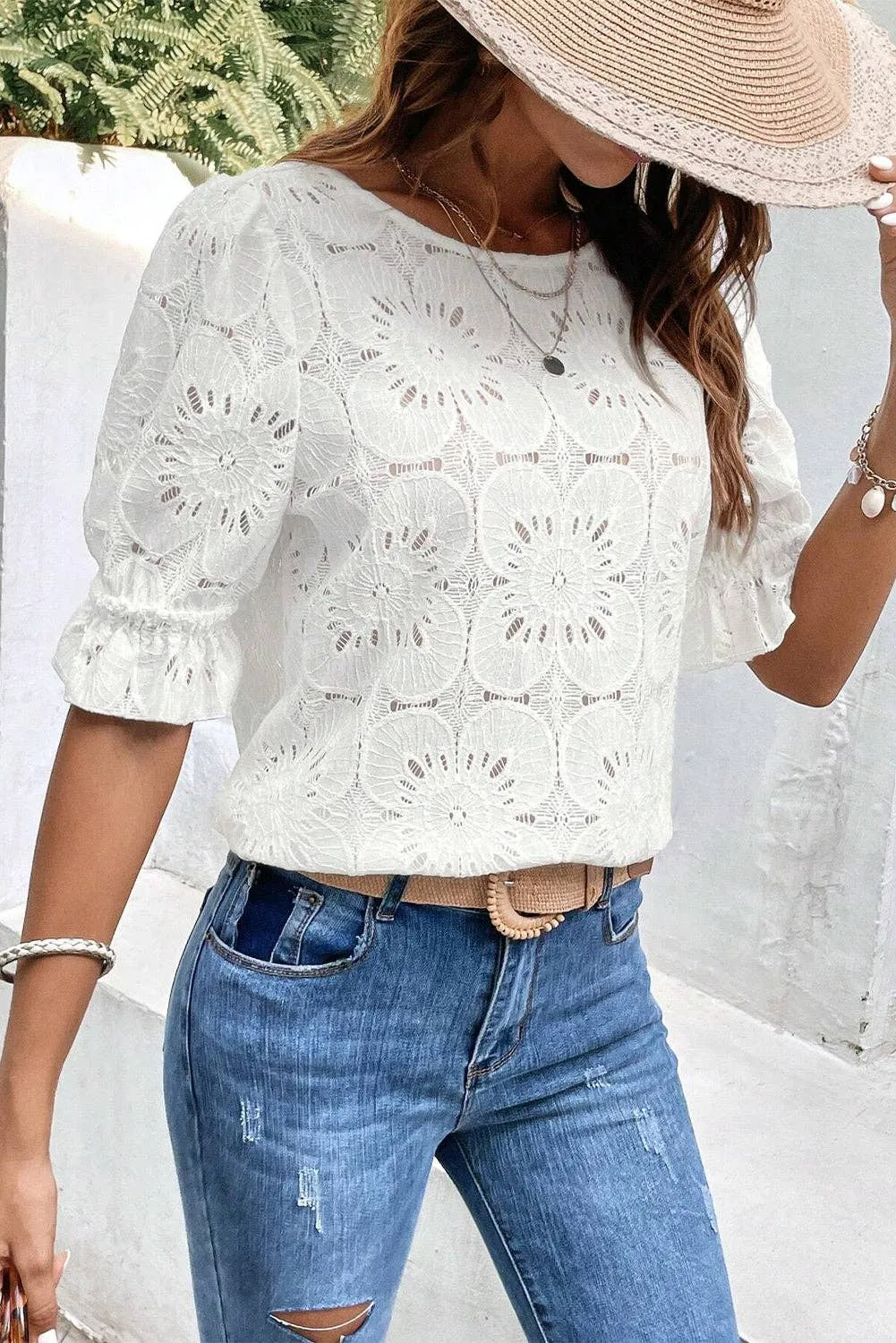 Eliana White Flower Eyelet Jacquard Keyhole Flounce Sleeve Top