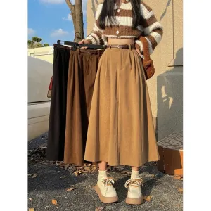 ESTELLE  Classic Belt Corduroy Midi Skirt