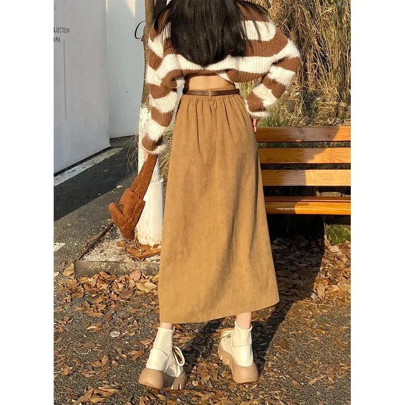 ESTELLE  Classic Belt Corduroy Midi Skirt