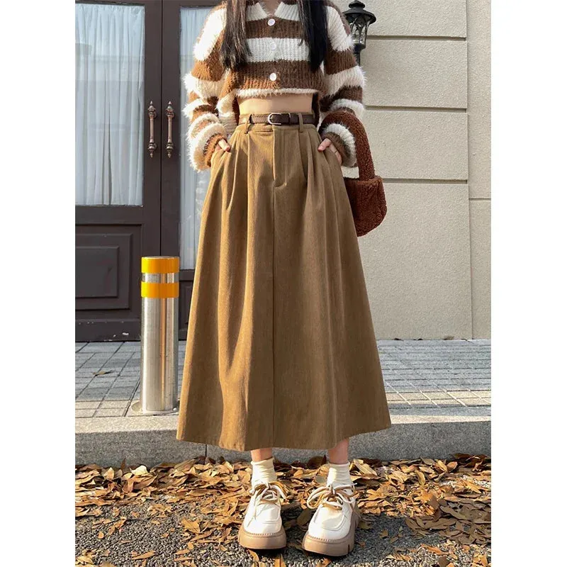ESTELLE  Classic Belt Corduroy Midi Skirt