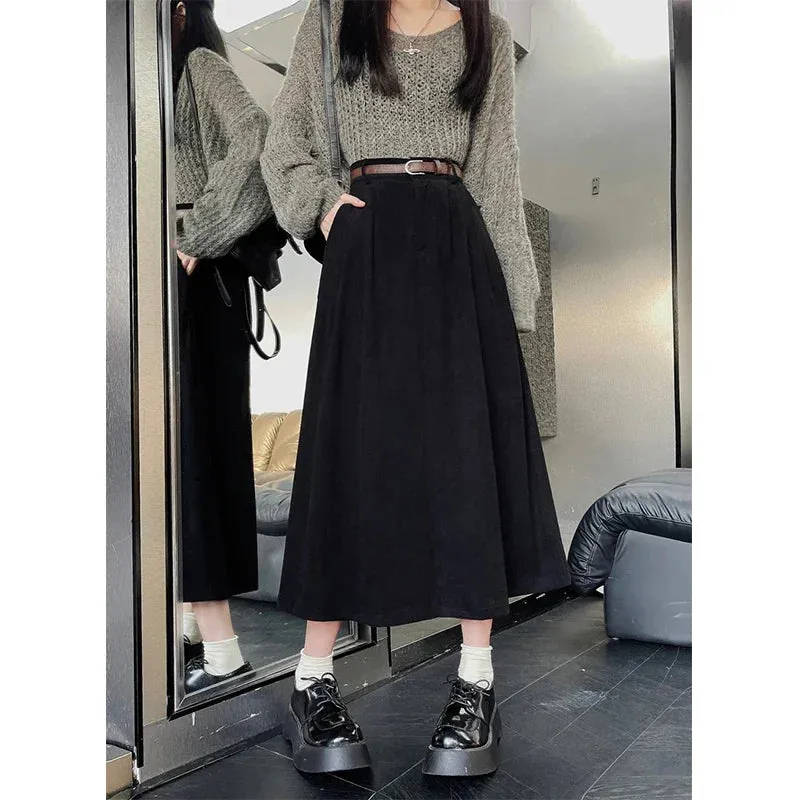 ESTELLE  Classic Belt Corduroy Midi Skirt