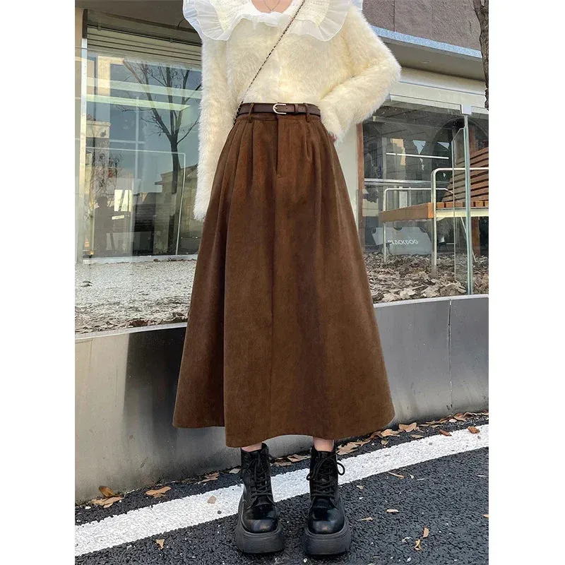 ESTELLE  Classic Belt Corduroy Midi Skirt