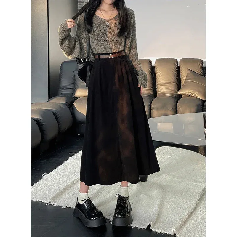 ESTELLE  Classic Belt Corduroy Midi Skirt