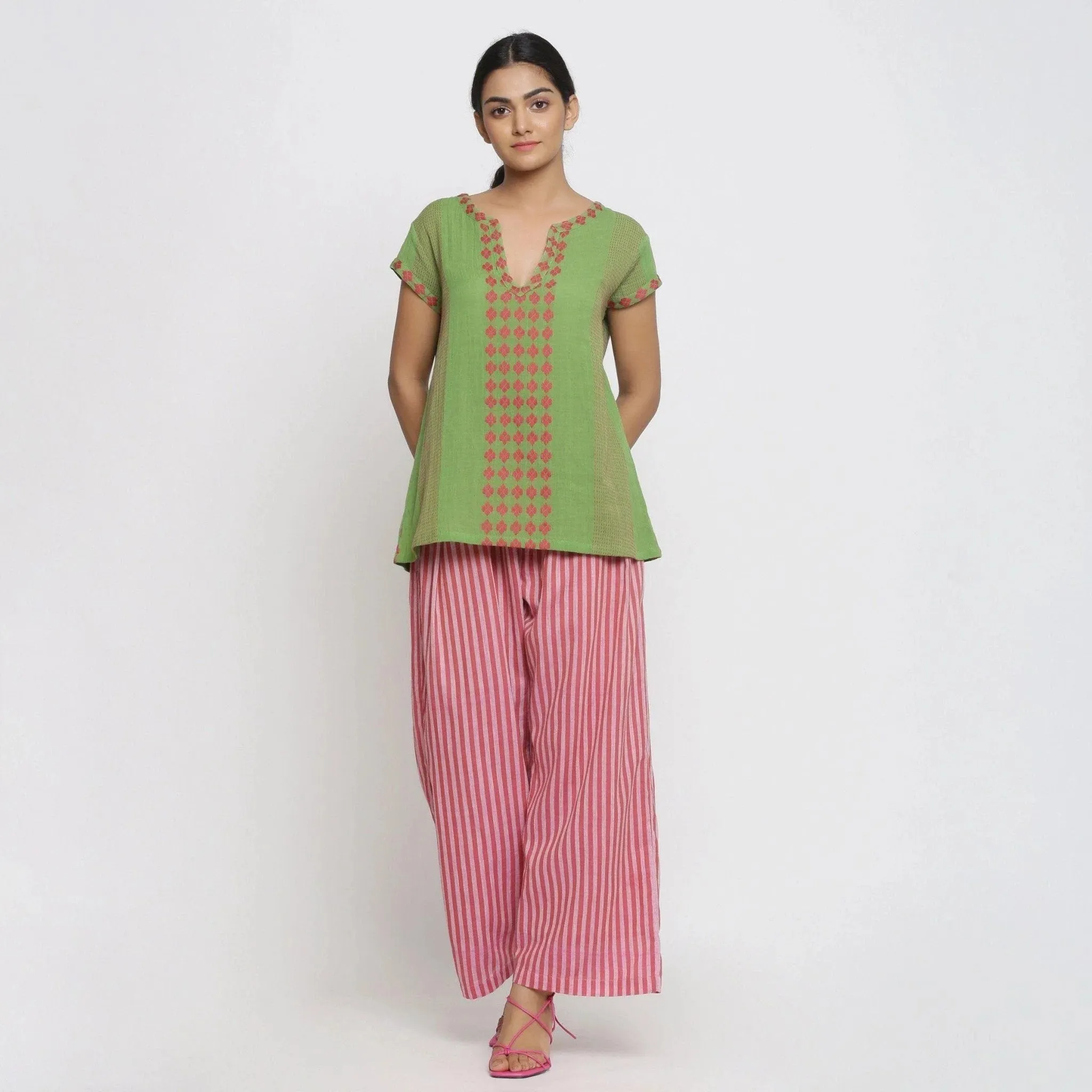Green Crinkled Cotton Split Neck A-Line Top