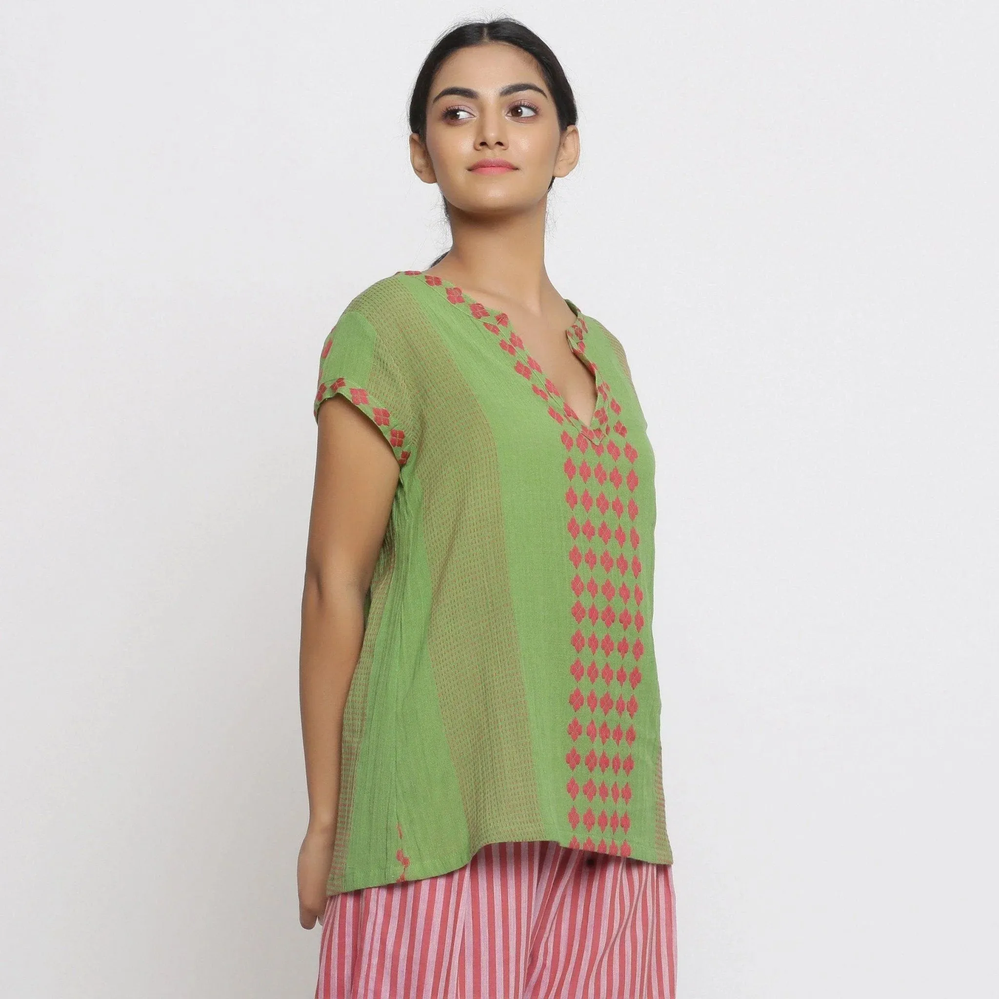 Green Crinkled Cotton Split Neck A-Line Top