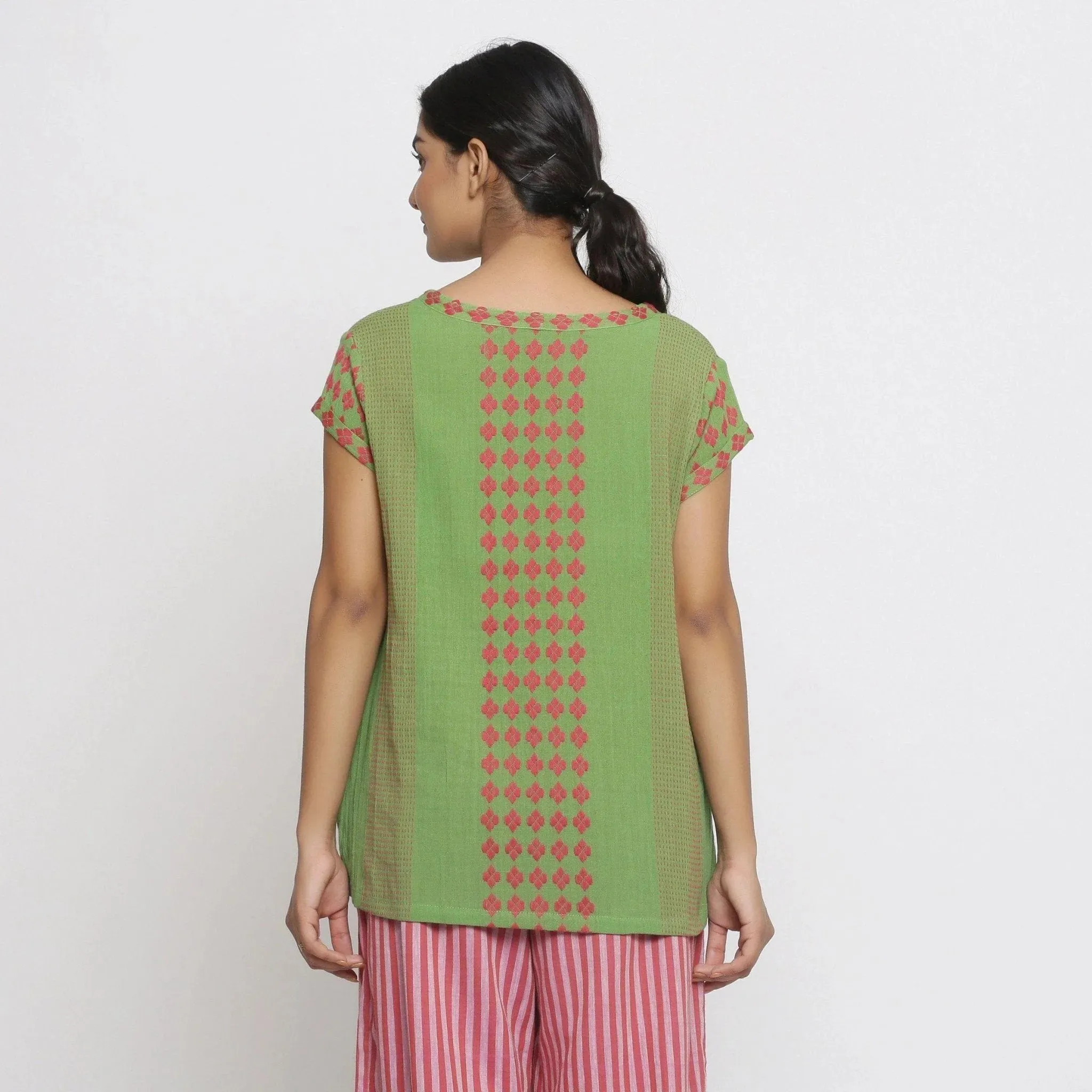 Green Crinkled Cotton Split Neck A-Line Top