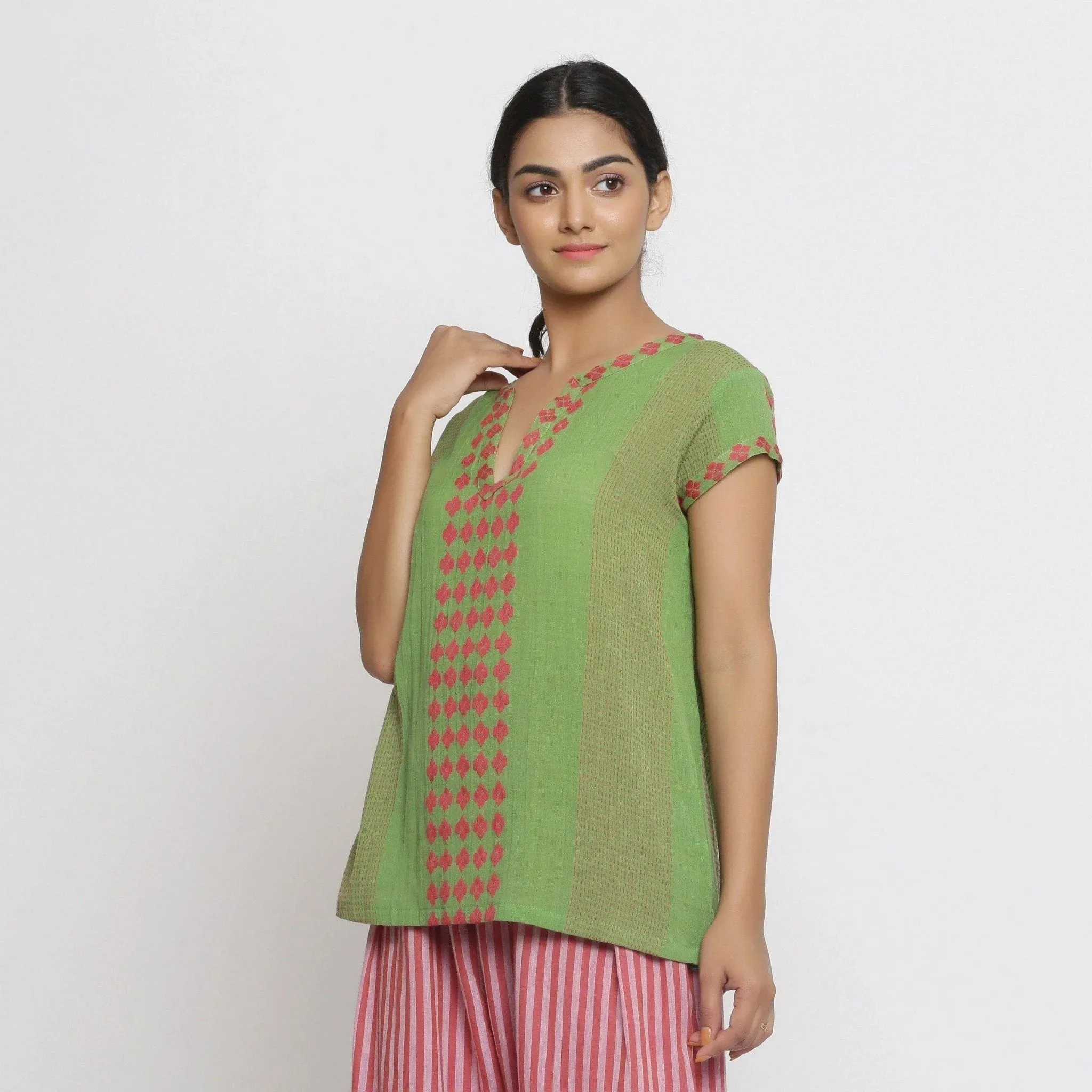 Green Crinkled Cotton Split Neck A-Line Top