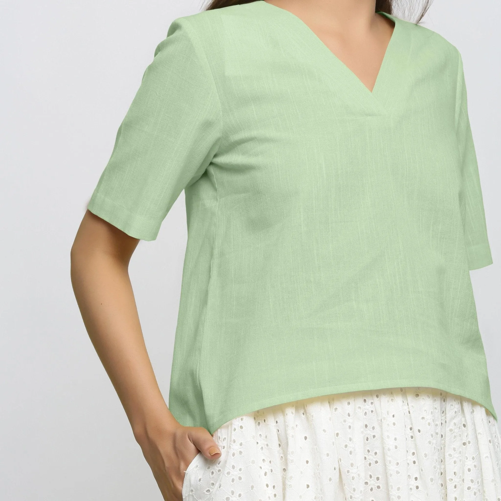 Green Yarn Dyed 100% Cotton V-Neck High-Low Top