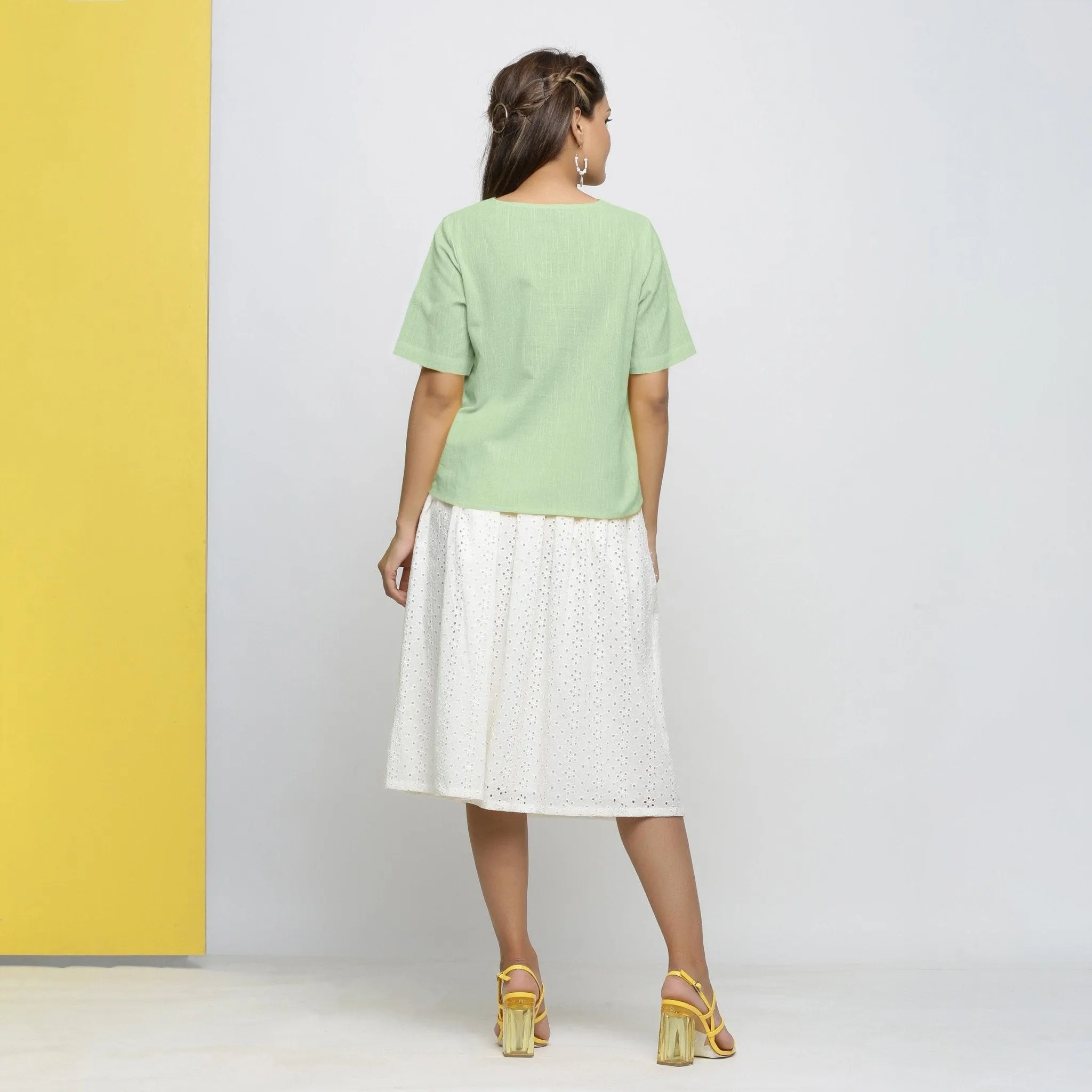 Green Yarn Dyed 100% Cotton V-Neck High-Low Top