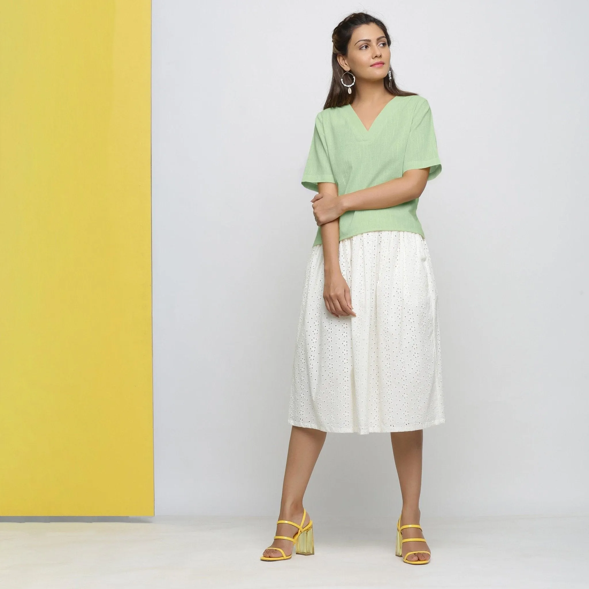 Green Yarn Dyed 100% Cotton V-Neck High-Low Top