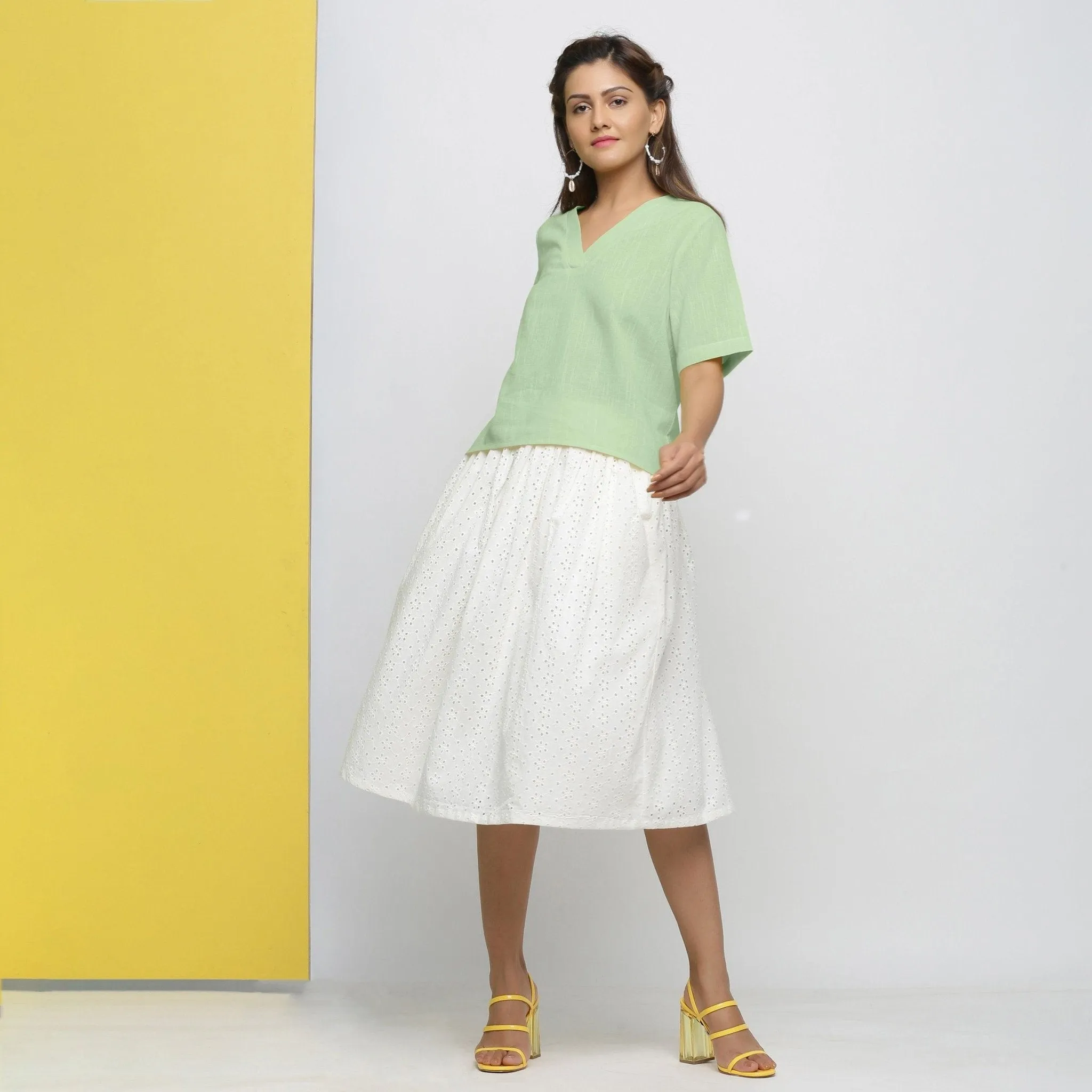 Green Yarn Dyed 100% Cotton V-Neck High-Low Top