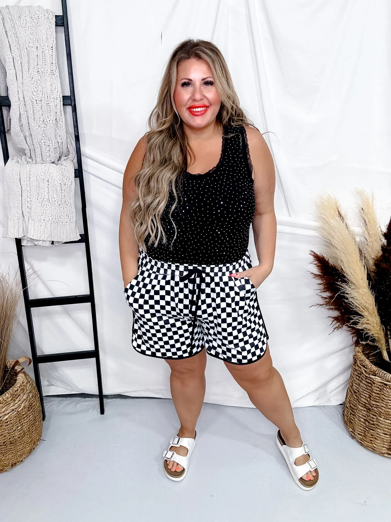 Long Round The Track Black and White Checkered Shorts