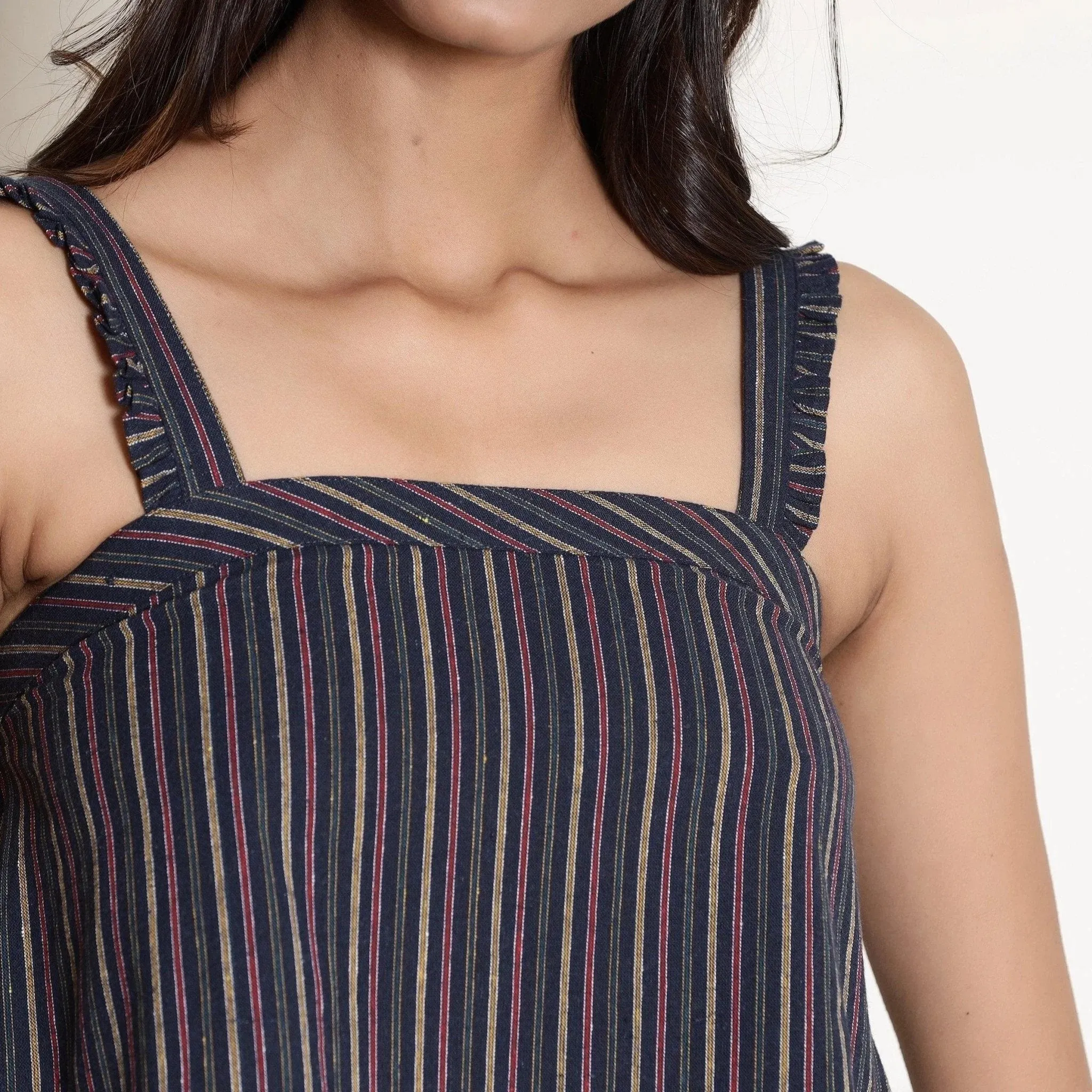 Navy Blue Striped Cotton Frill Camisole Top