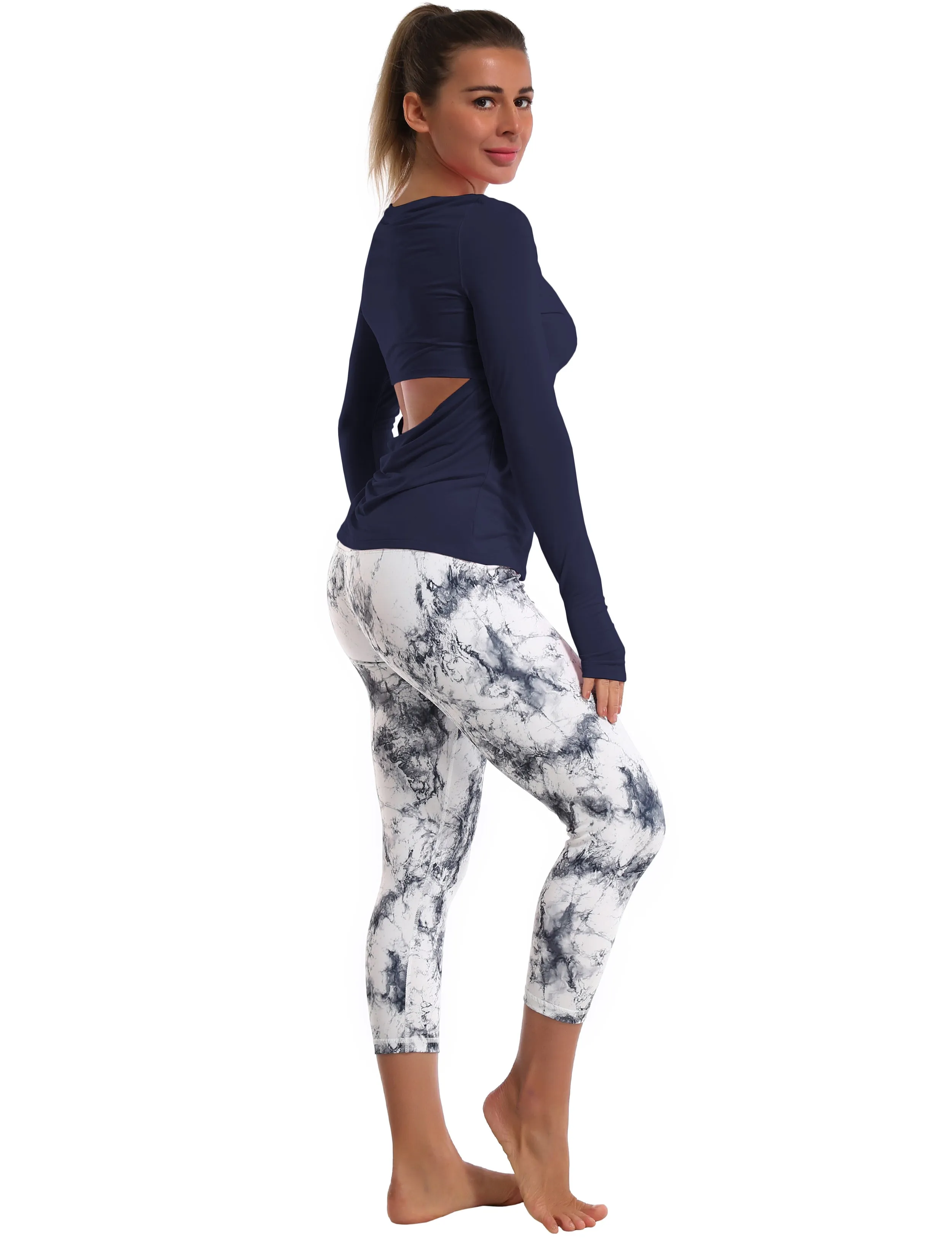 Open Back Long Sleeve Tops darknavy