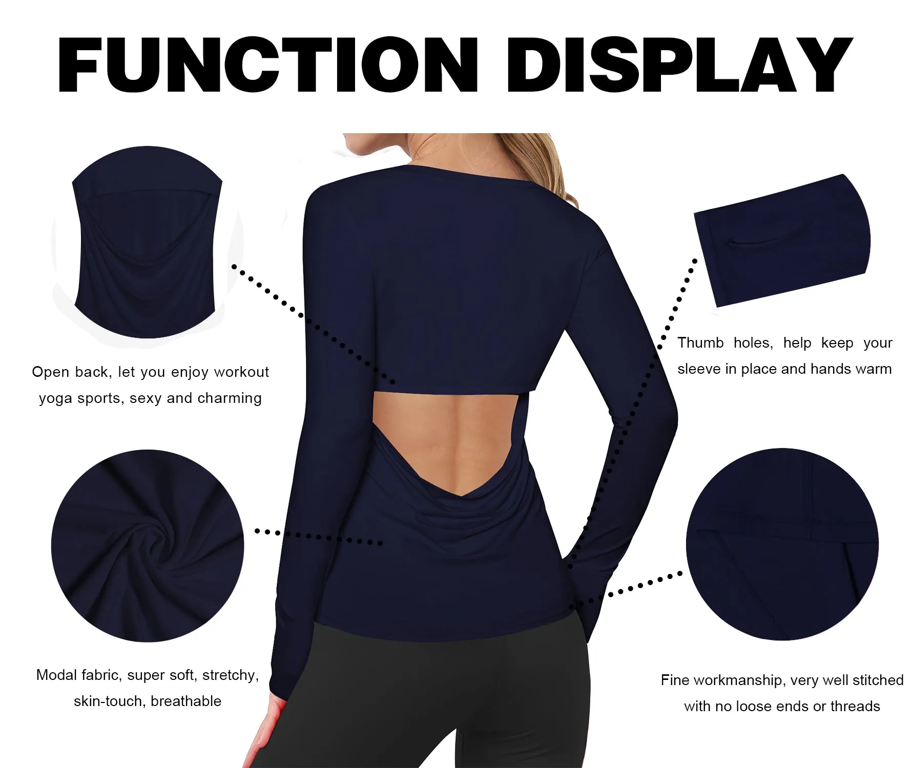 Open Back Long Sleeve Tops darknavy