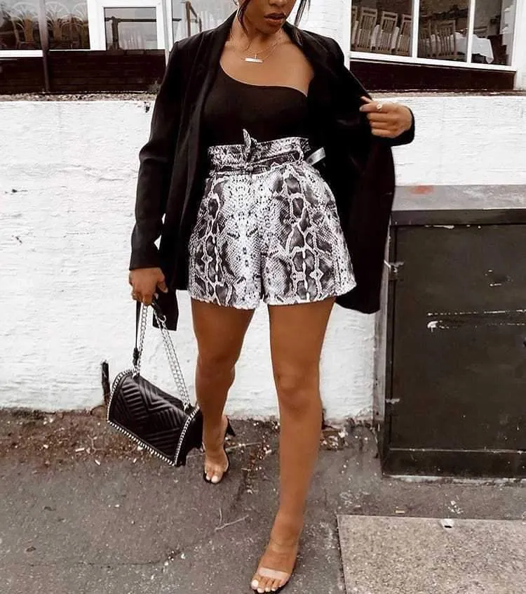 Retro Tie Waist Snake Print High Waisted Paperbag Shorts