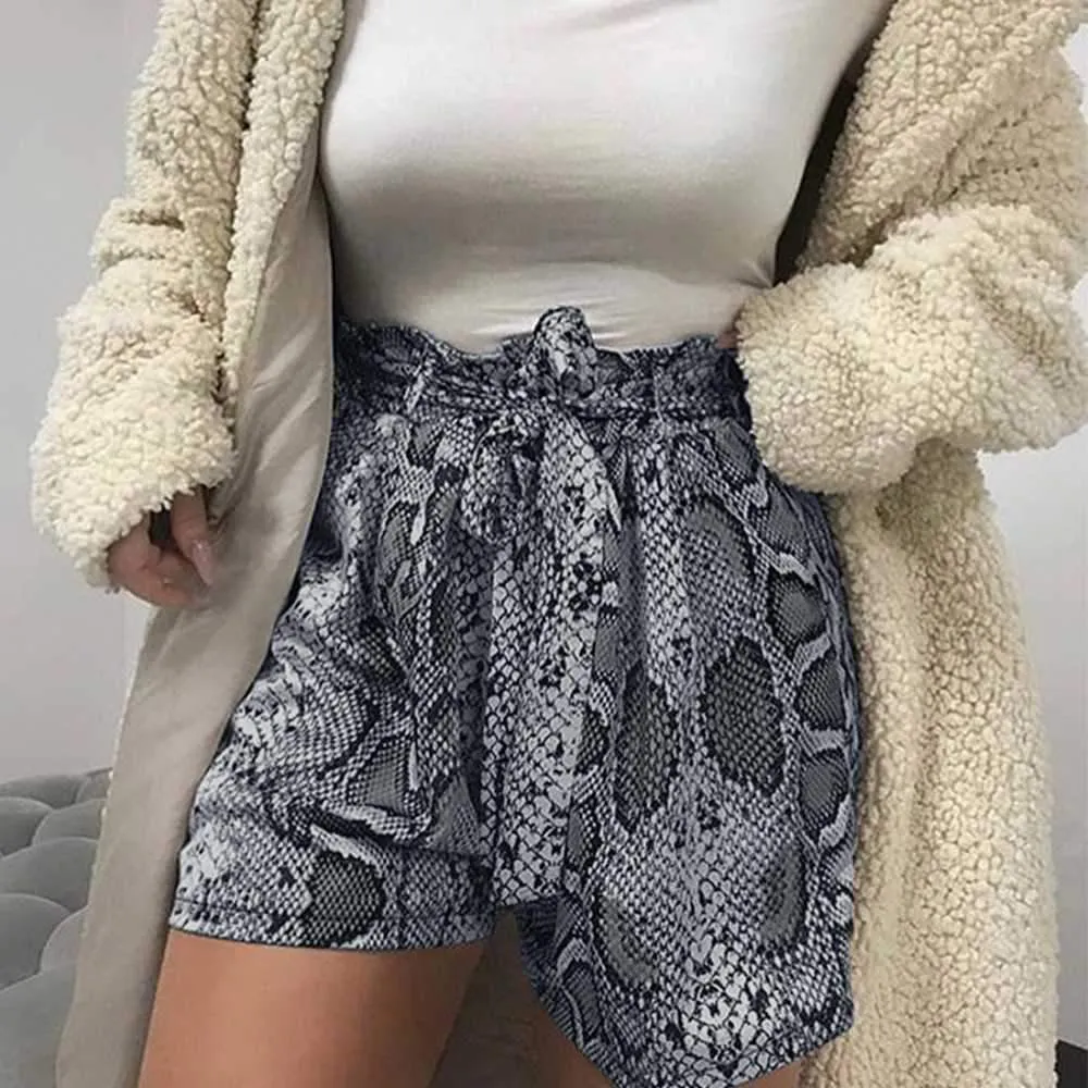 Retro Tie Waist Snake Print High Waisted Paperbag Shorts