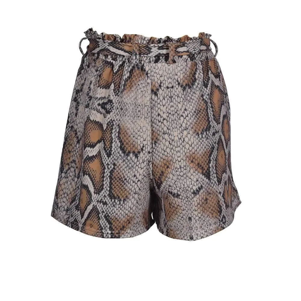 Retro Tie Waist Snake Print High Waisted Paperbag Shorts