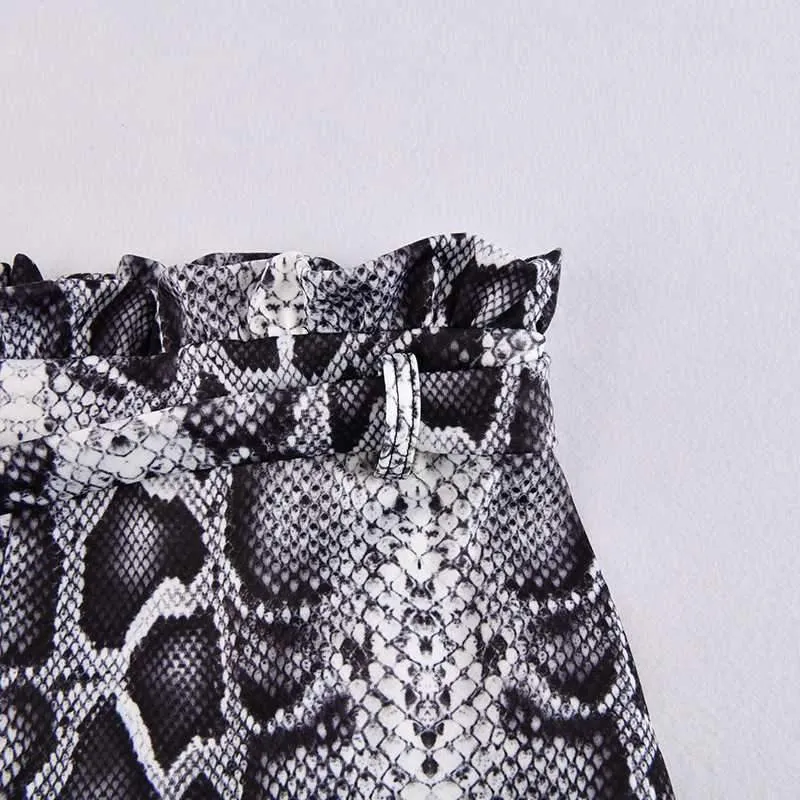 Retro Tie Waist Snake Print High Waisted Paperbag Shorts