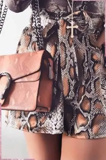 Retro Tie Waist Snake Print High Waisted Paperbag Shorts