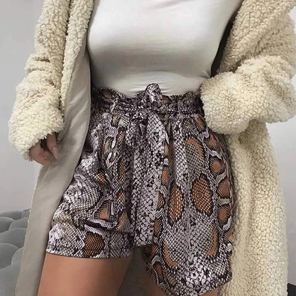 Retro Tie Waist Snake Print High Waisted Paperbag Shorts