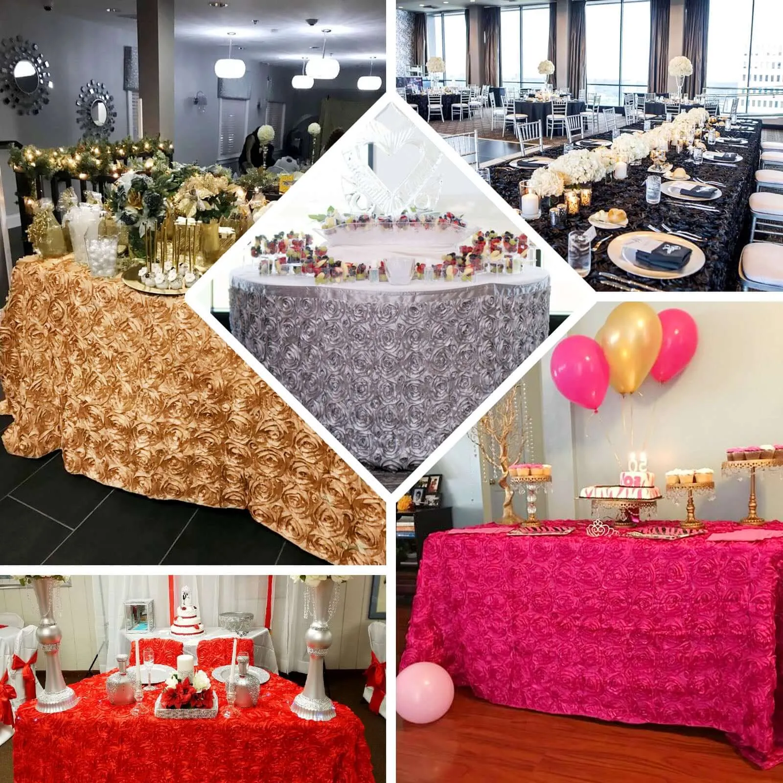 Rosette Satin Table Skirt 21ft Gold - 3D Floral Table Cover