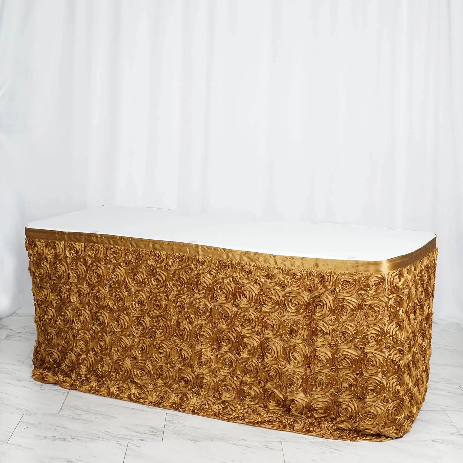 Rosette Satin Table Skirt 21ft Gold - 3D Floral Table Cover