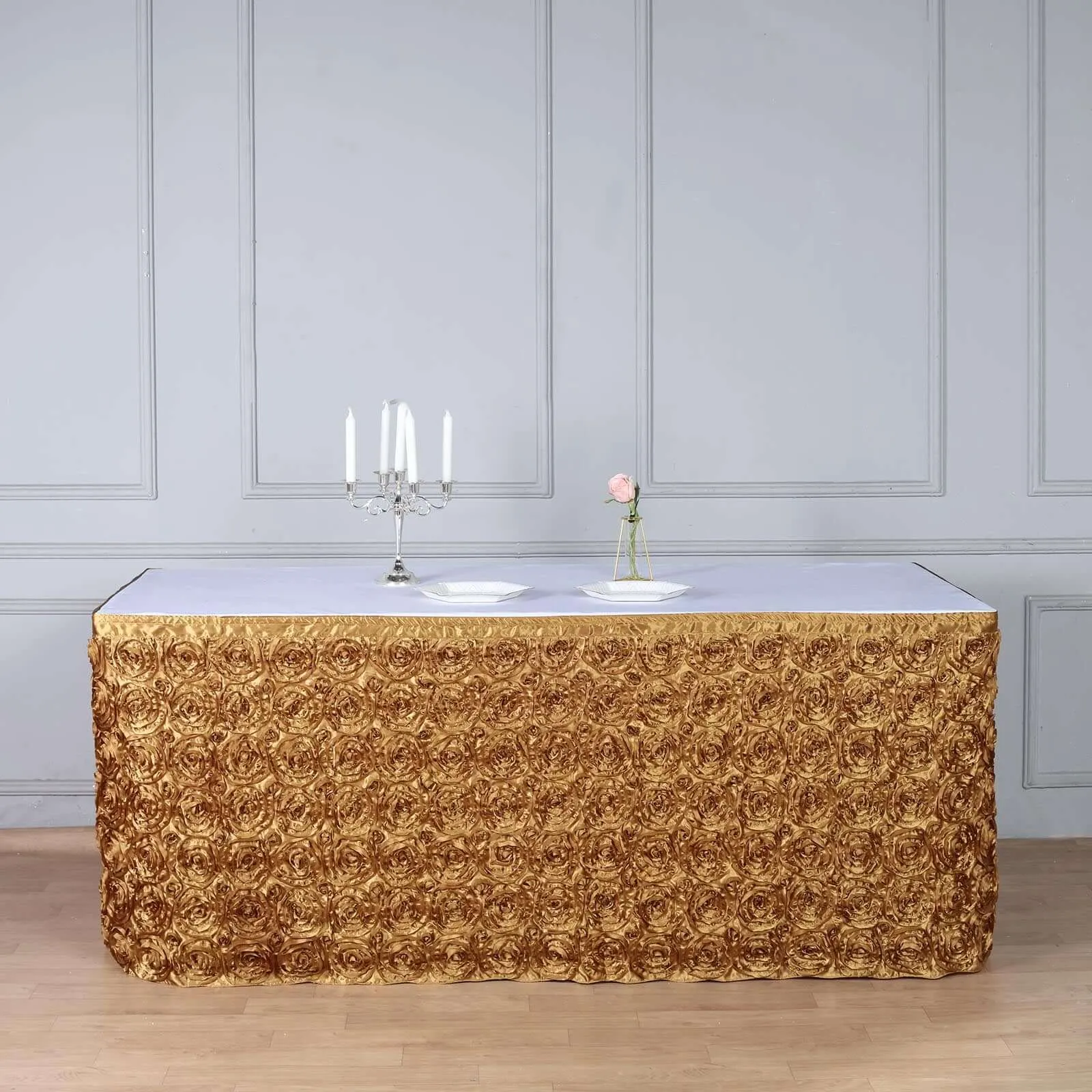 Rosette Satin Table Skirt 21ft Gold - 3D Floral Table Cover