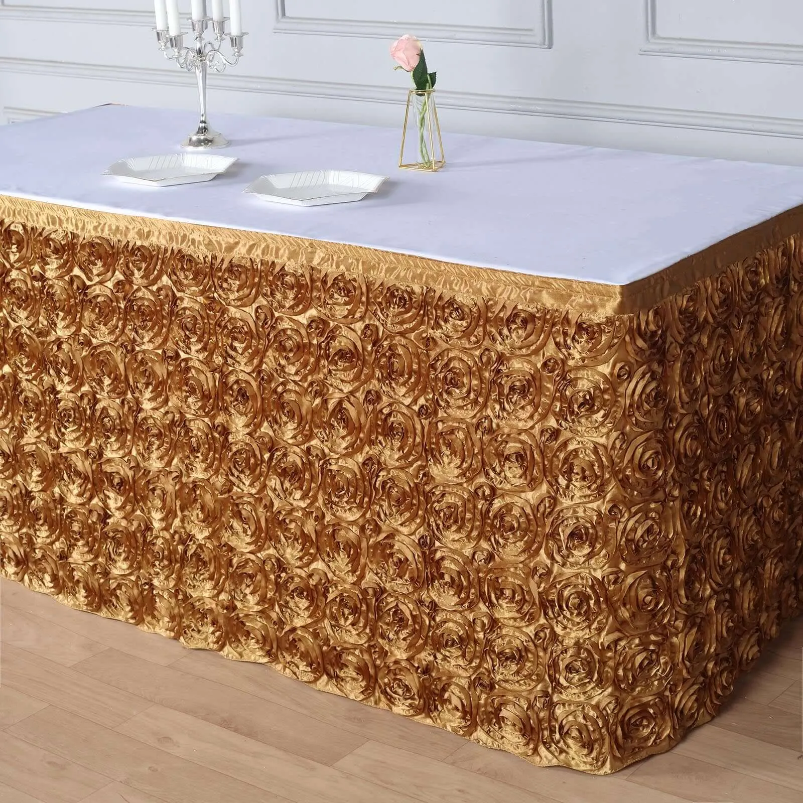 Rosette Satin Table Skirt 21ft Gold - 3D Floral Table Cover