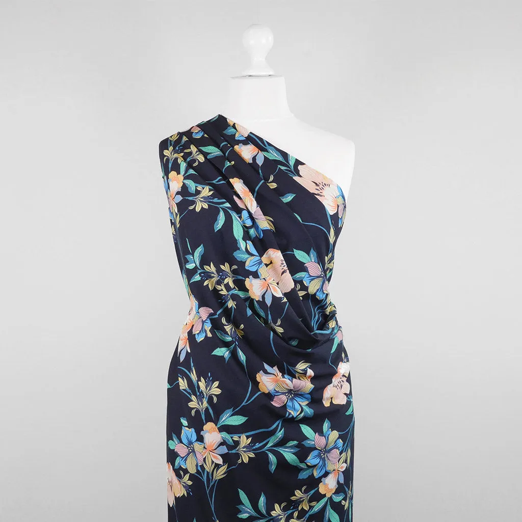 Rossi 5484 - Dark Navy Floral Viscose Elastane Single Jersey Fabric from John Kaldor