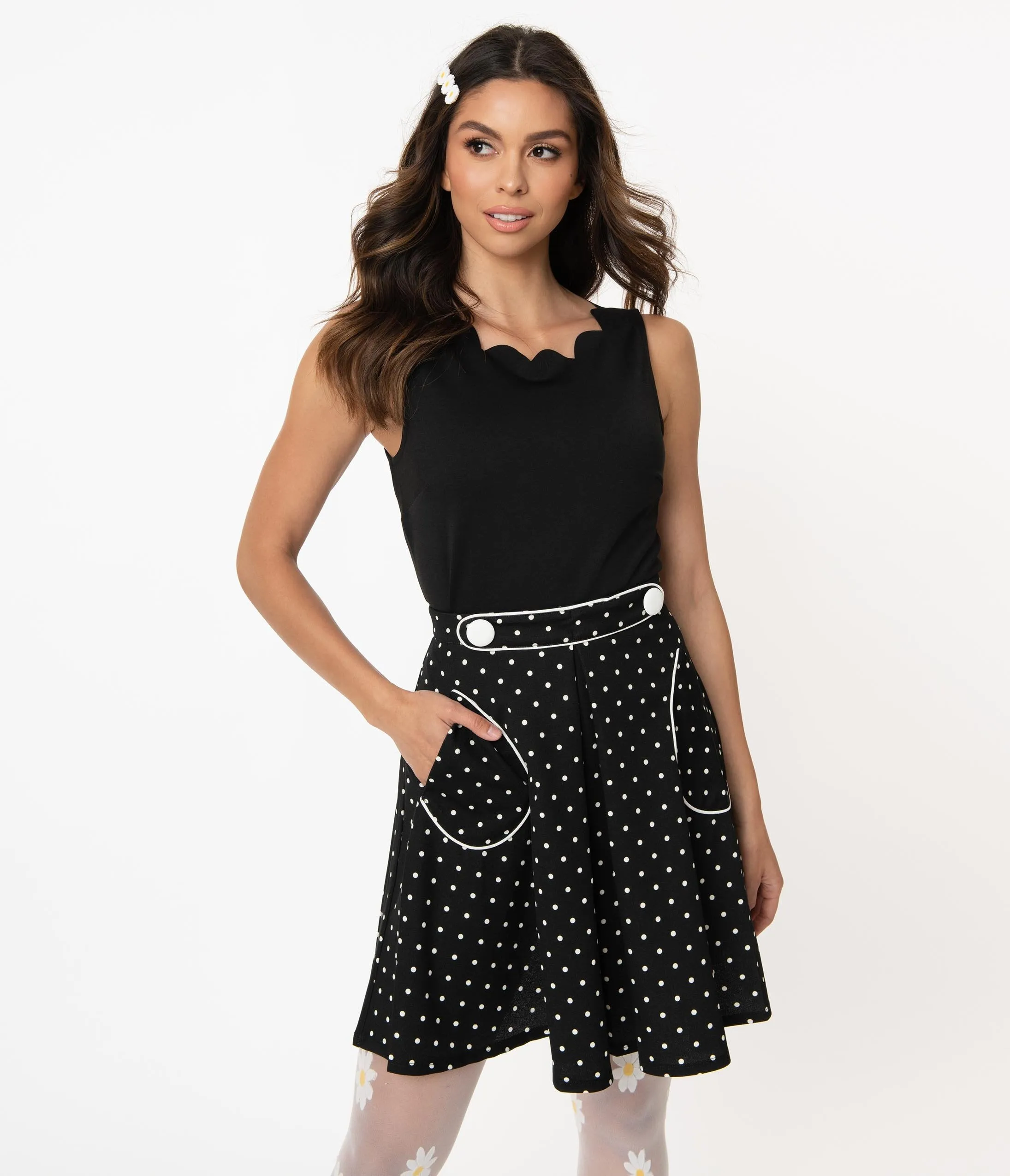 Smak Parlour 1960s Black & White Polka Dot Trend Setter Flare Skirt
