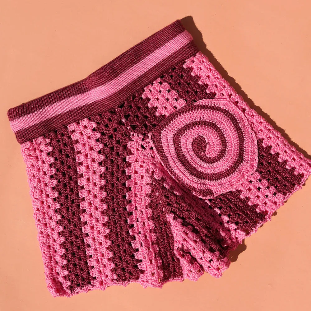SMALL SWIM CLUB SWIRL CROCHET SHORTS: PLUM & PINK